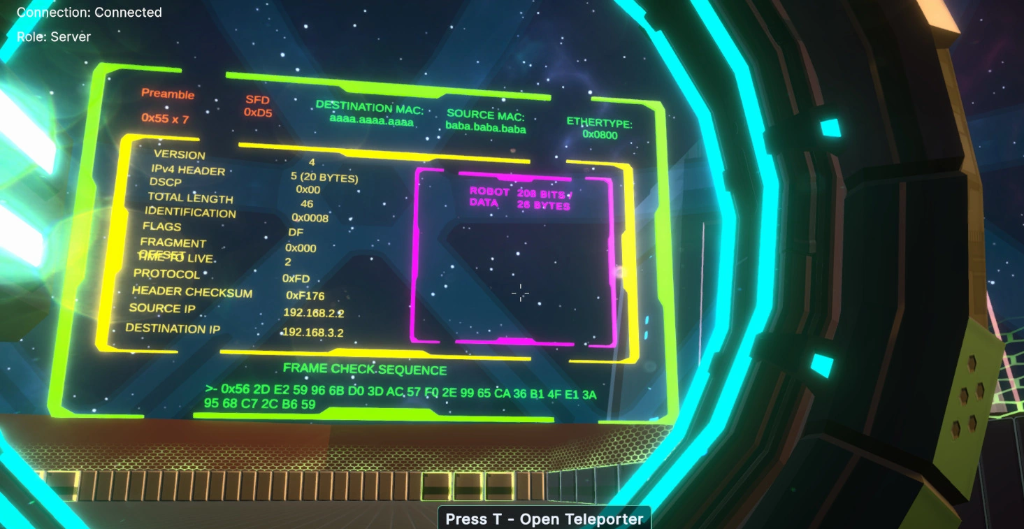 A real IPv4 network packet shown inside the Teleporter terminal